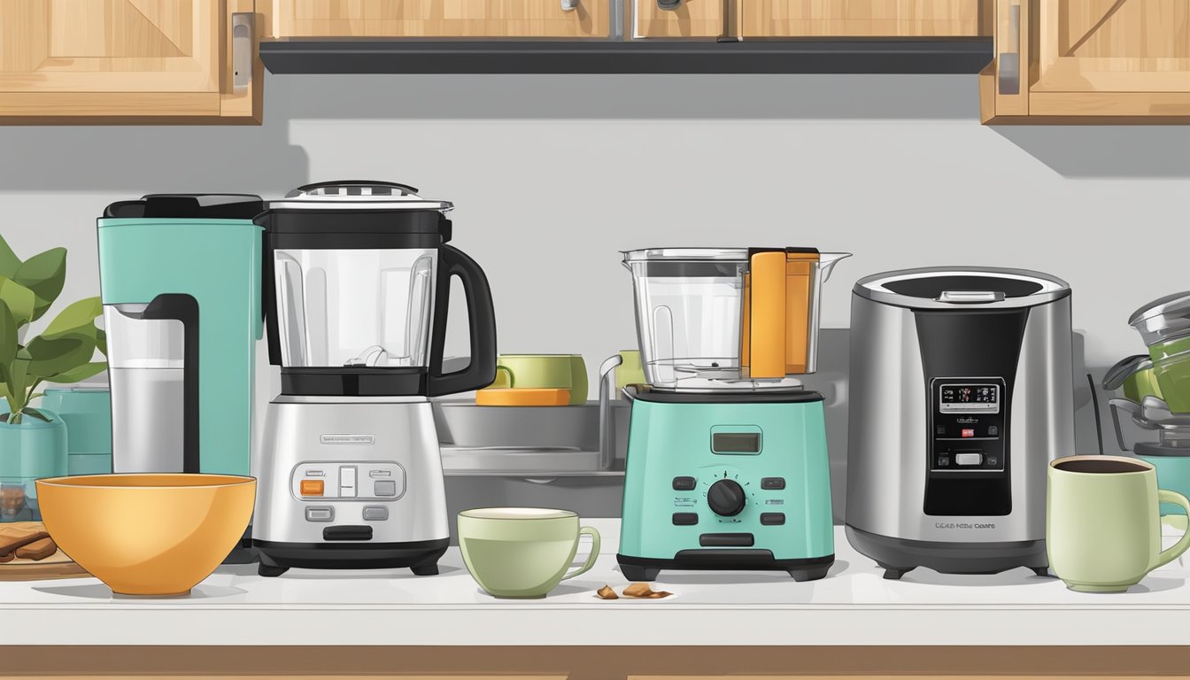 A cluttered kitchen counter with various appliances: toaster, blender, rice cooker, and coffee maker