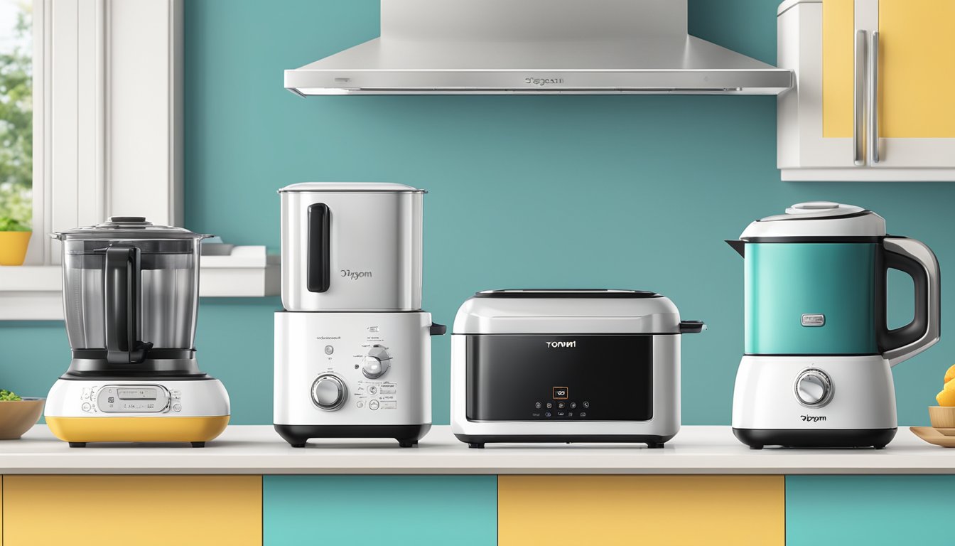 Toyomi Appliances line up in a sleek, modern kitchen. The toaster, blender, and rice cooker are all displayed with clean lines and vibrant colors
