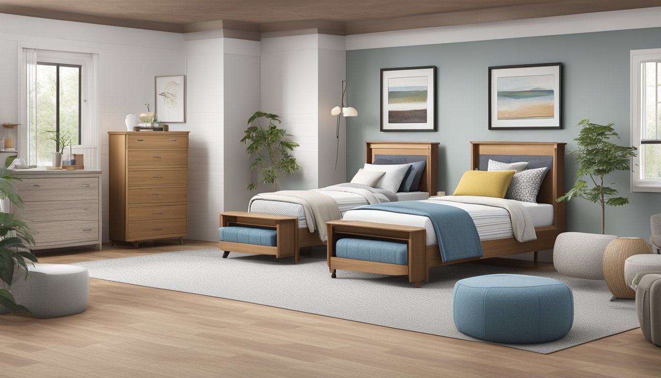 A variety of single bed options are displayed in a spacious showroom, with different styles, colors, and materials to choose from