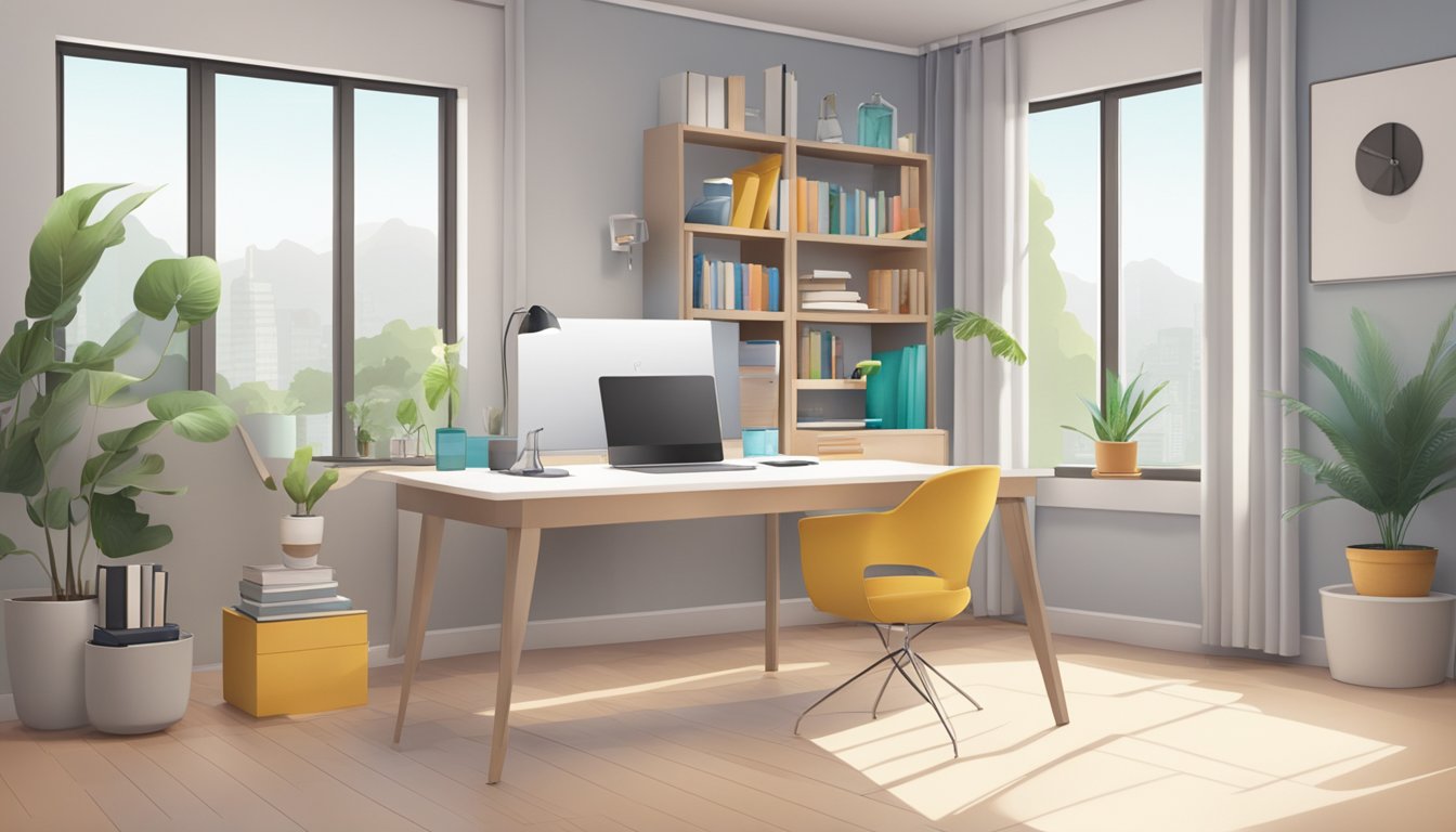 A bright, spacious room with a sleek, modern study table in the center. The table is adjustable and has ample storage space for books and stationery