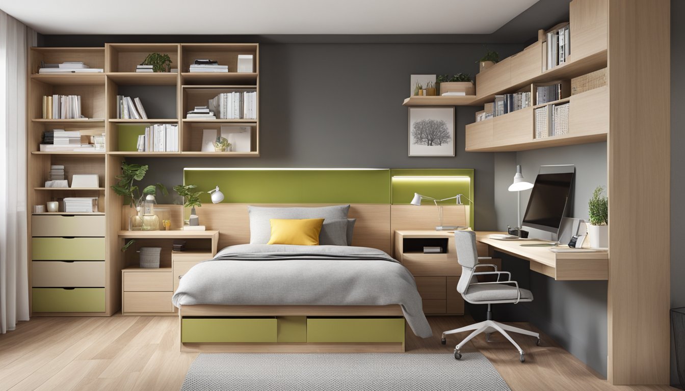 A single bed positioned against the wall, with shelves and storage units maximizing the space in the bedroom