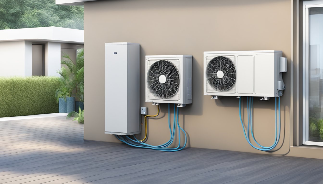 A System 4 Aircon unit sits on a wall, with four indoor units connected to a single outdoor unit via refrigerant pipes and electrical wiring