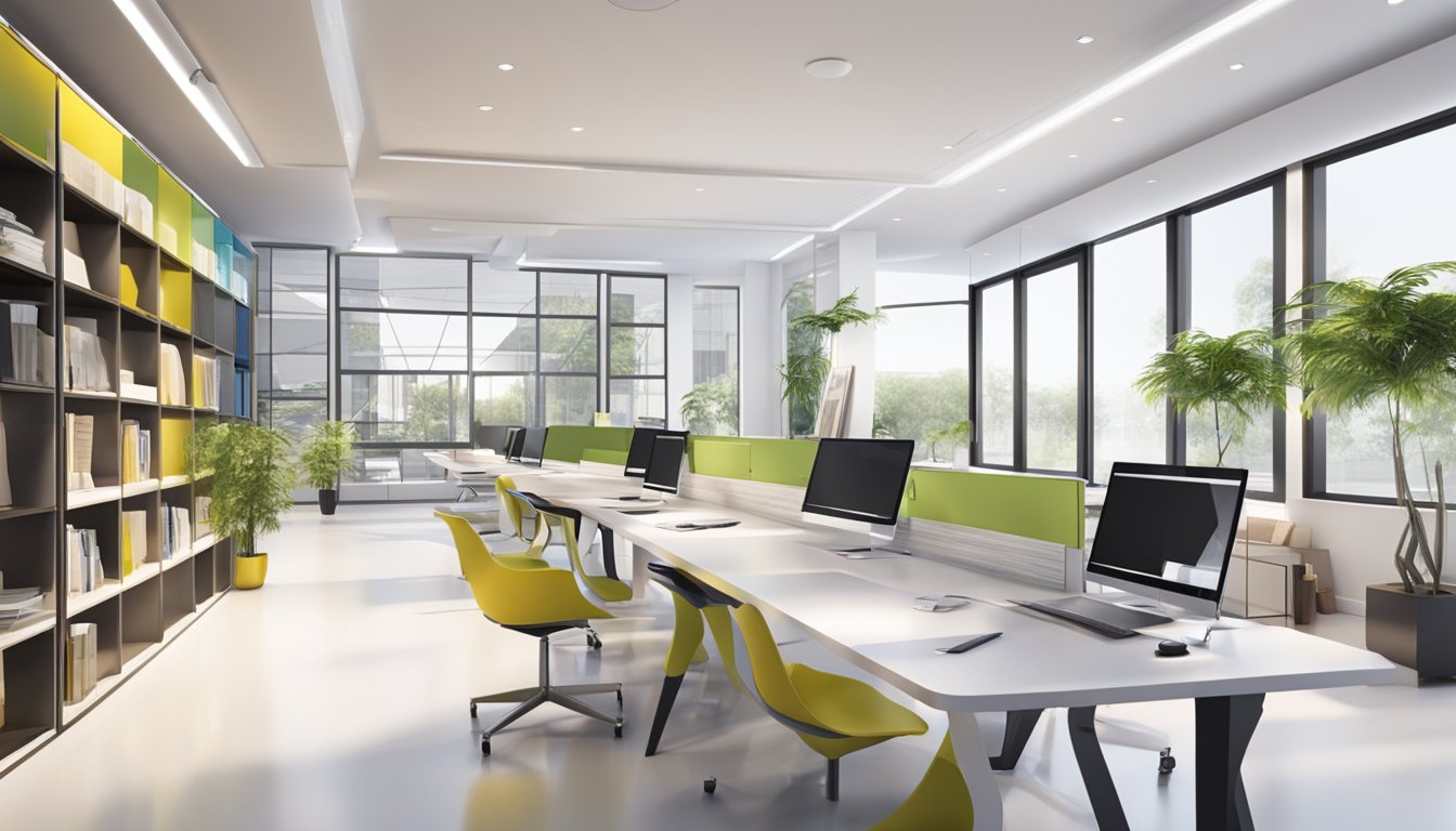 A brightly lit showroom displays sleek study tables with modern designs and ergonomic features