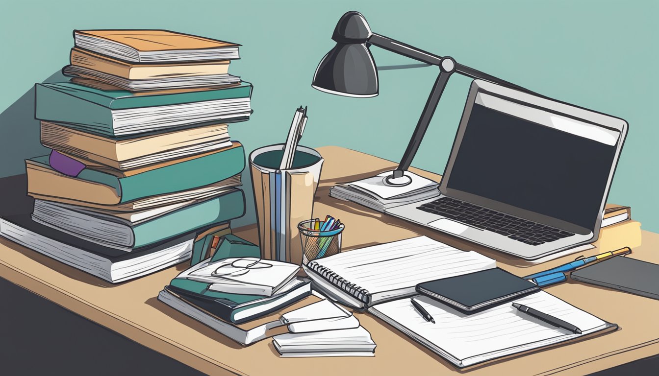 A study table in Singapore with a stack of books, a laptop, and a notepad with "Frequently Asked Questions" written on it