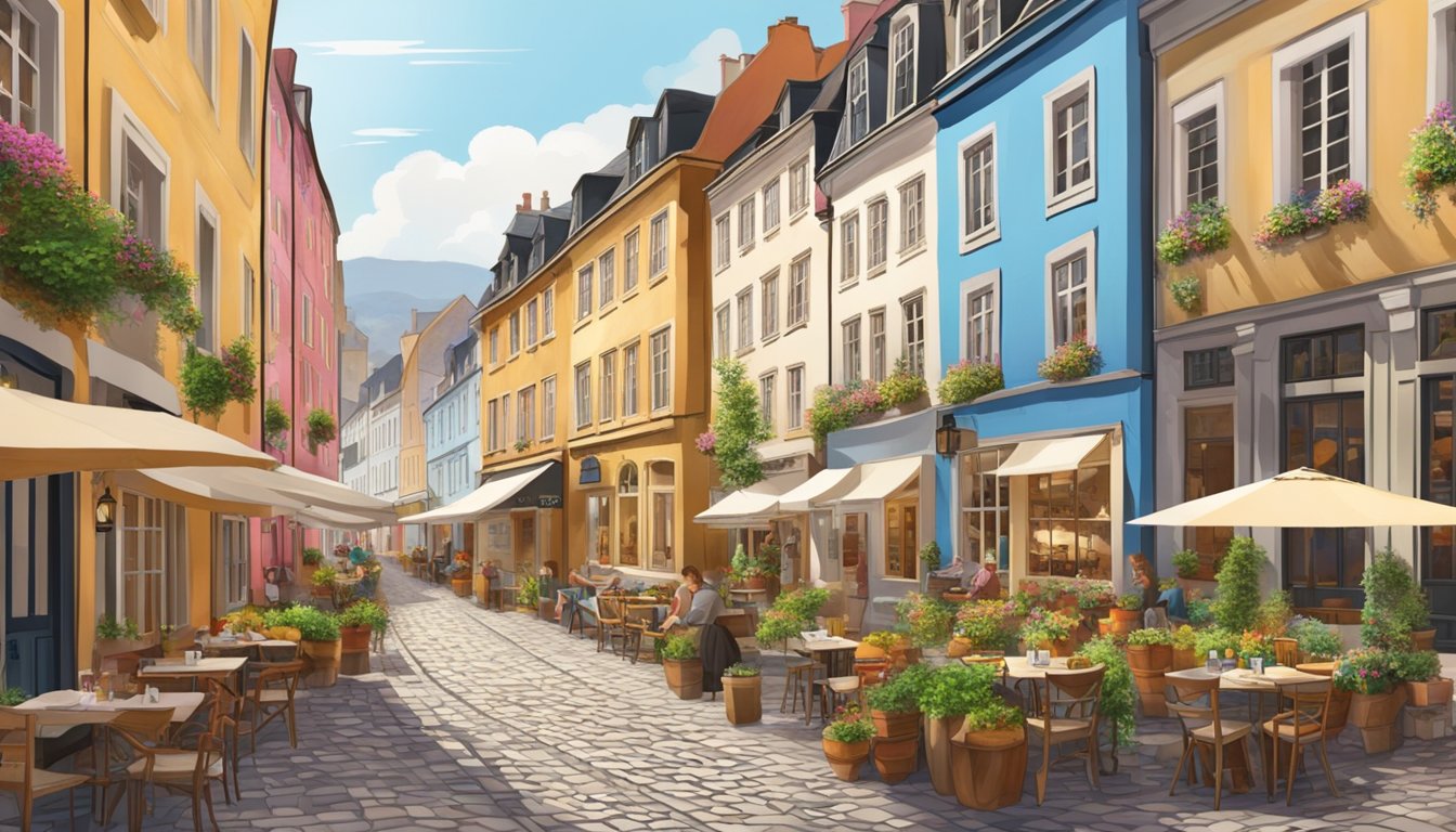 A quaint European street lined with colorful buildings and cobblestone pathways, with bustling cafes and shops