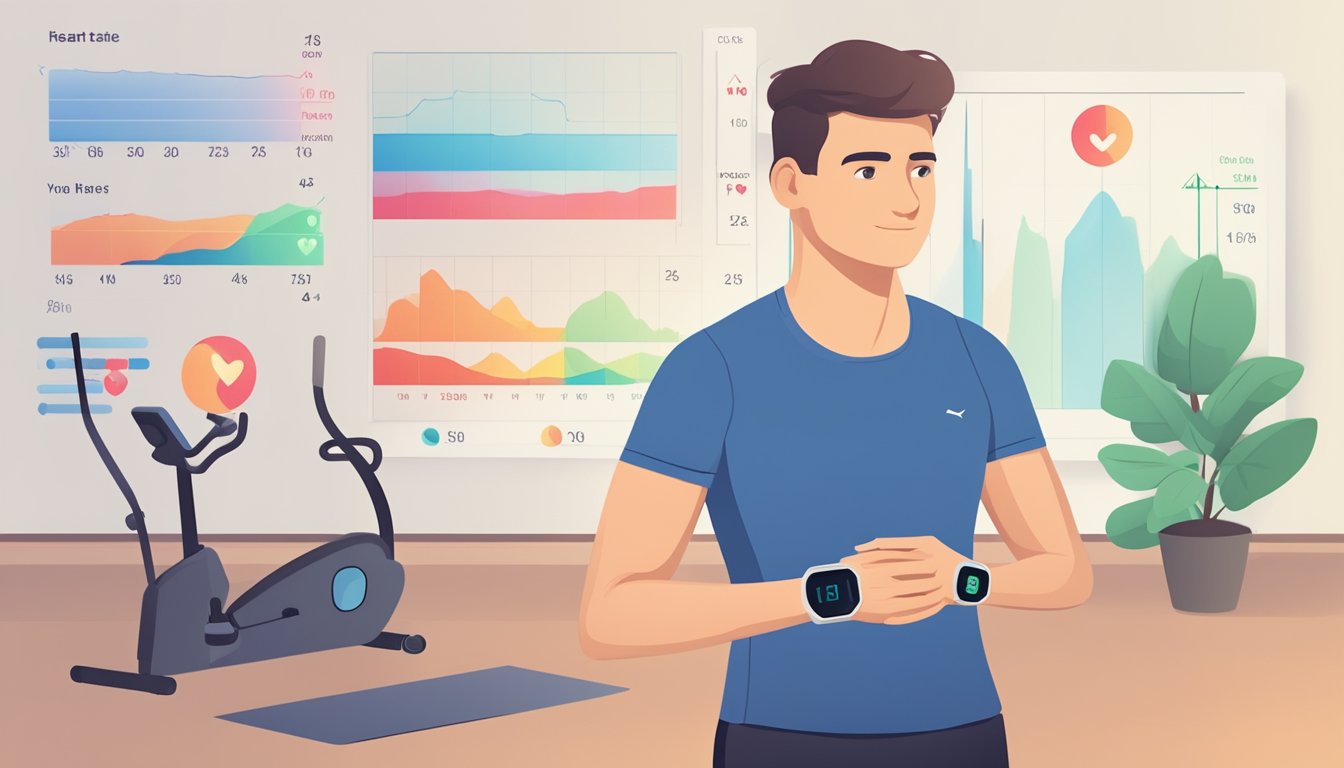 A person using a fitness tracker to monitor their heart rate during exercise, with a chart showing the maximum heart rate for different age groups in the background