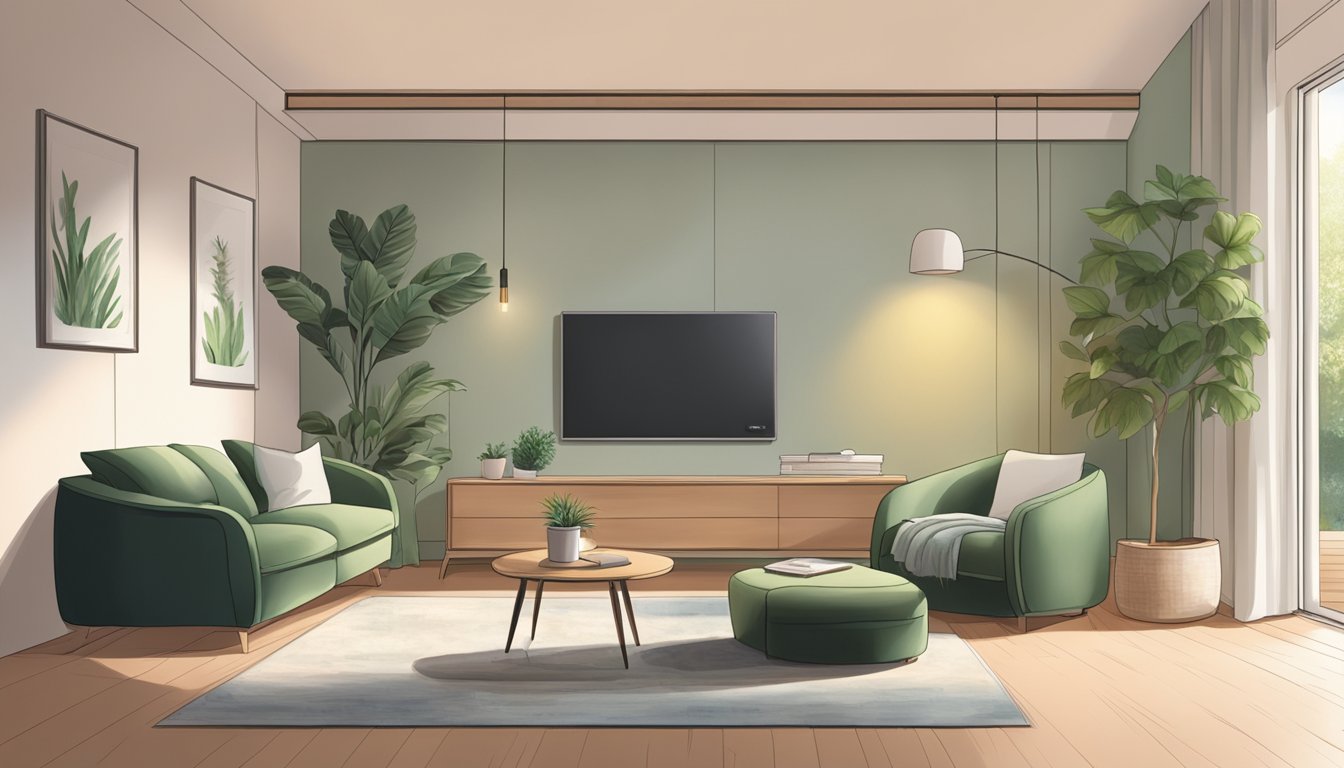 A cozy living room with warm lighting, comfortable furniture, and green plants. A Europace air purifier quietly hums in the corner, creating a fresh and inviting atmosphere