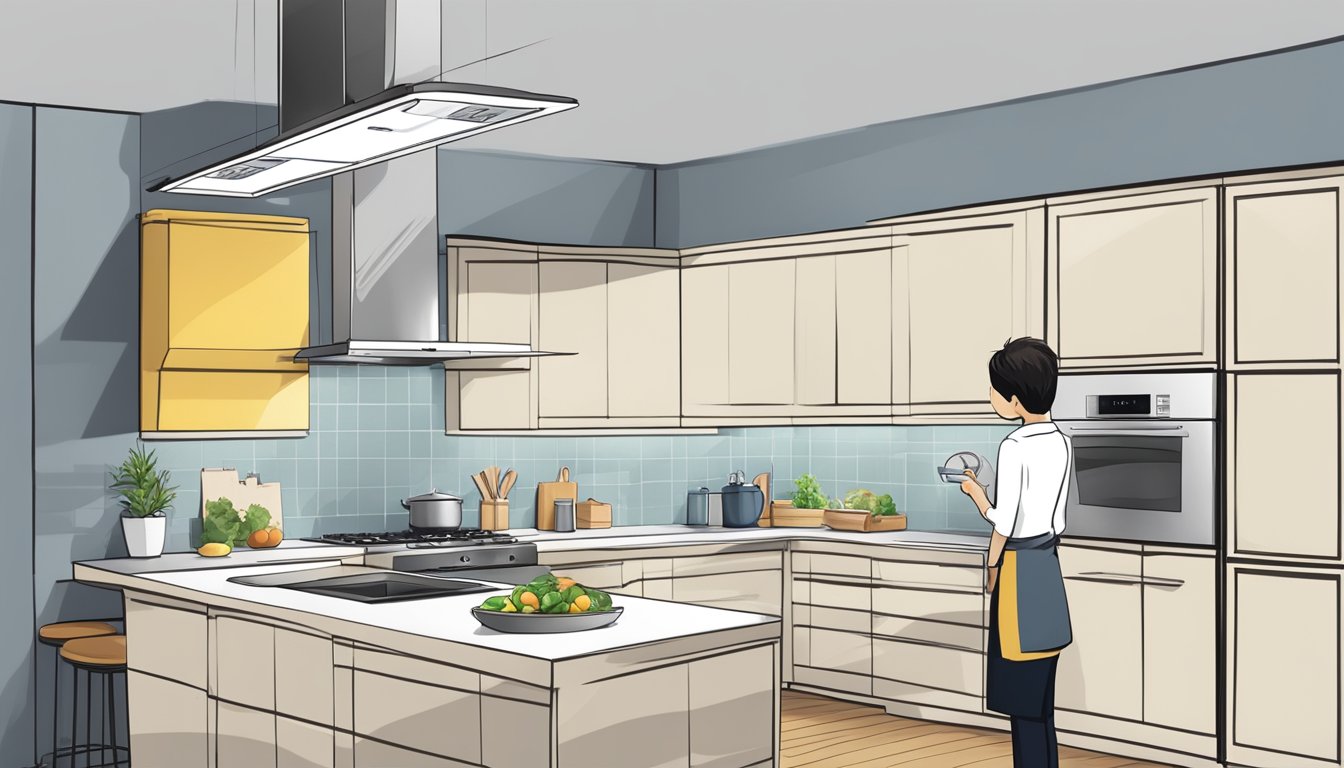 A person in a Singaporean kitchen selects a sleek, modern cooker hood from a variety of options, considering size, style, and functionality