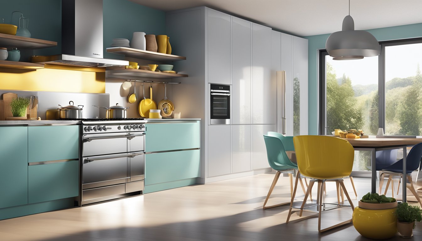 A sleek, modern kitchen with a shiny Smeg SG stove as the focal point. Bright light streams in through a window, illuminating the stainless steel surfaces and colorful cookware