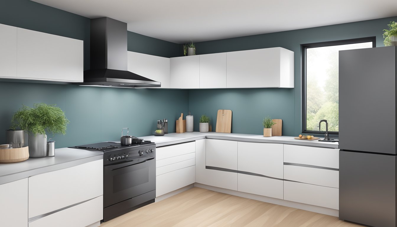 A sleek, modern cooker hood hovers above a stove in a contemporary kitchen, with clean lines and a minimalist design