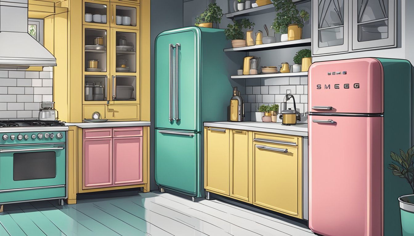 A sleek Smeg refrigerator sits in a modern kitchen, surrounded by stylish appliances and cookware. Bright lights showcase its retro design and vibrant color options