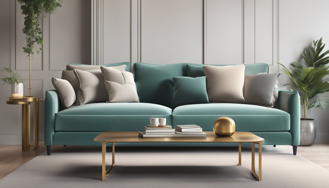 A luxurious sofa in a modern living room with soft, plush cushions and sleek, elegant design