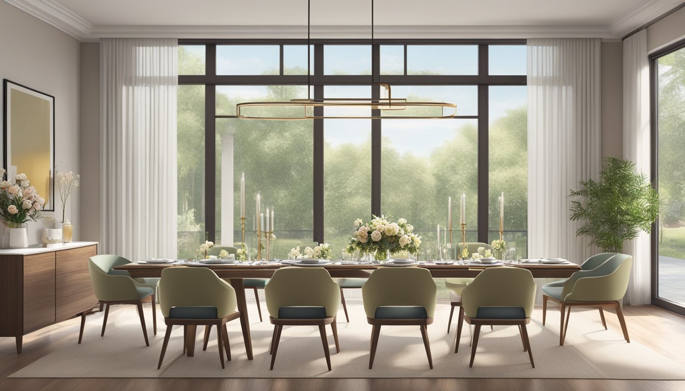 An extendable dining table is surrounded by chairs in a spacious, well-lit room with a large window. The table is set with elegant place settings and a centerpiece of fresh flowers