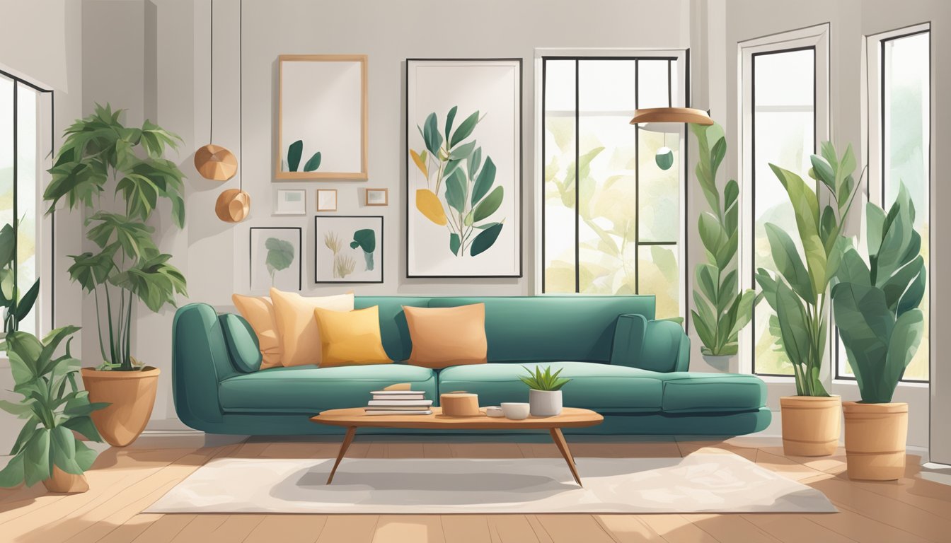 A cozy living room with a modern sofa, surrounded by plants and natural light. A FAQ sign on the wall
