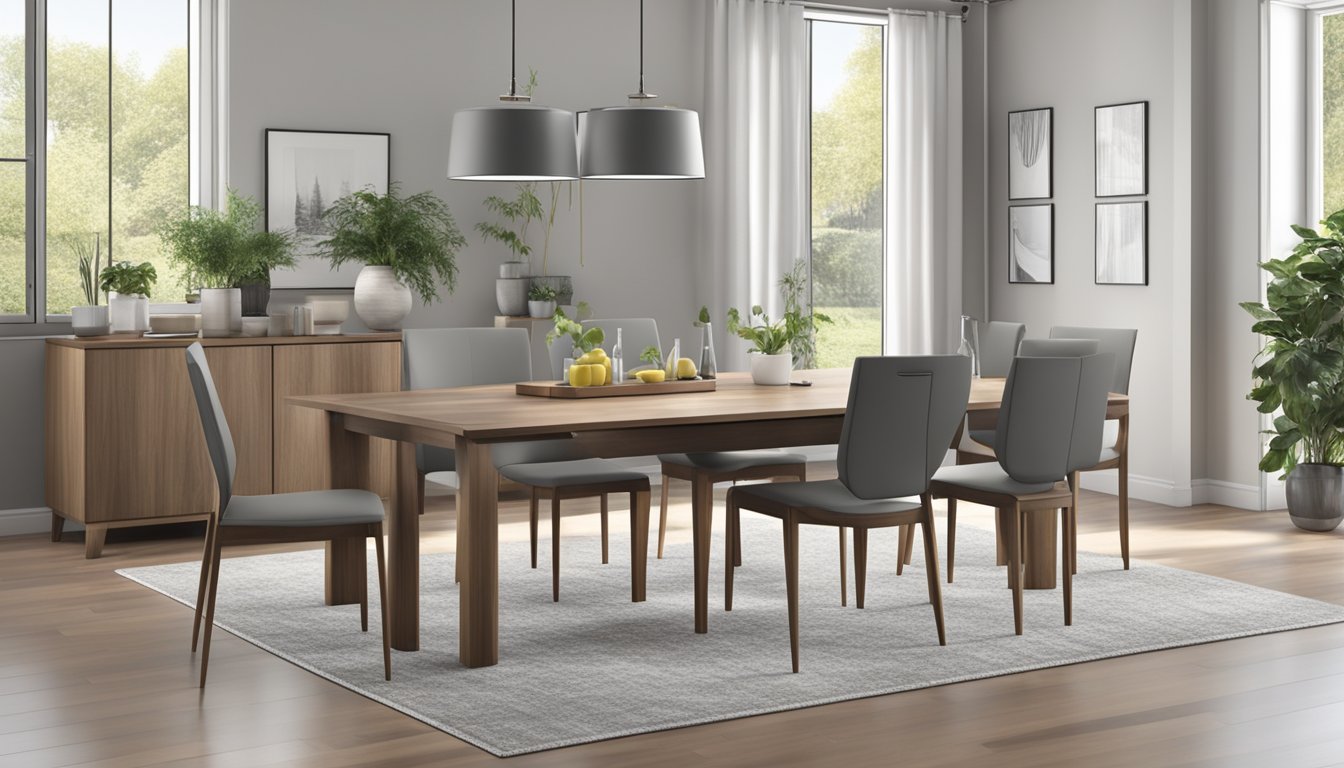 An extendable dining table with sleek lines and a smooth surface, seamlessly transforming from a cozy setting for four to a spacious gathering for eight