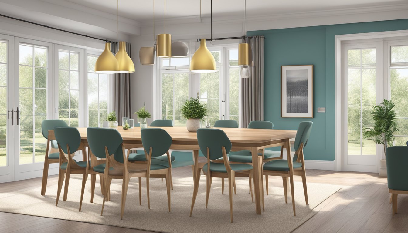 An extendable dining table with chairs in a spacious, well-lit dining room