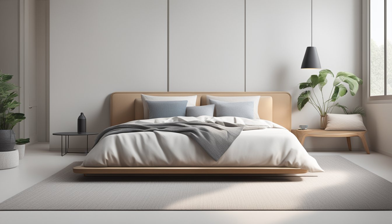 A sleek, minimalist super single bed frame stands against a white wall with a plush comforter and pillows neatly arranged on top