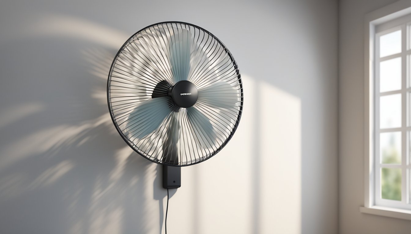 A wall-mounted fan spins rapidly, casting shadows on the white wall behind it. The blades are a blur, and the air ripples as it pushes through the room