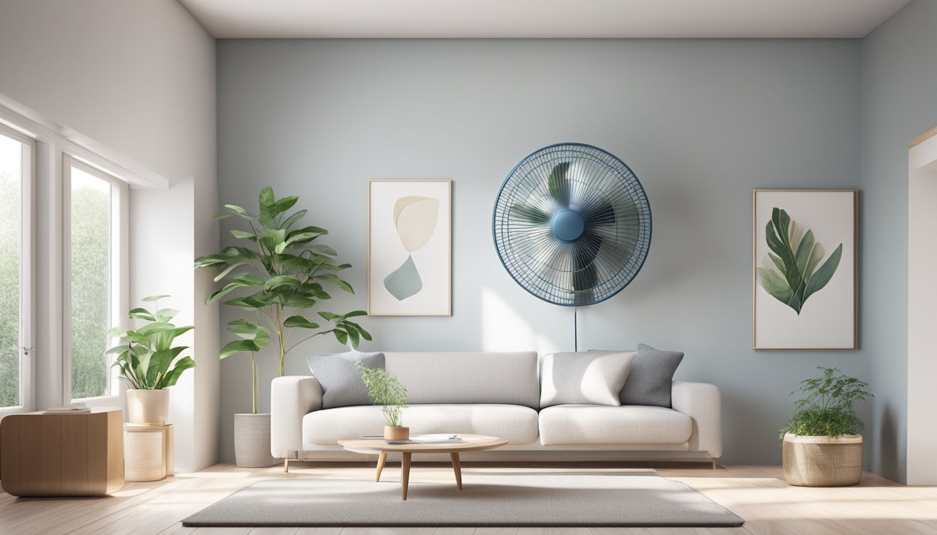 A wall-mounted fan is installed high on a white wall, with a sleek and modern design. It is turned on and blowing air, creating a gentle breeze in the room