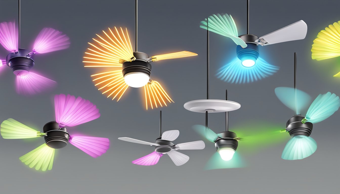 Ceiling fans spin with glowing lights
