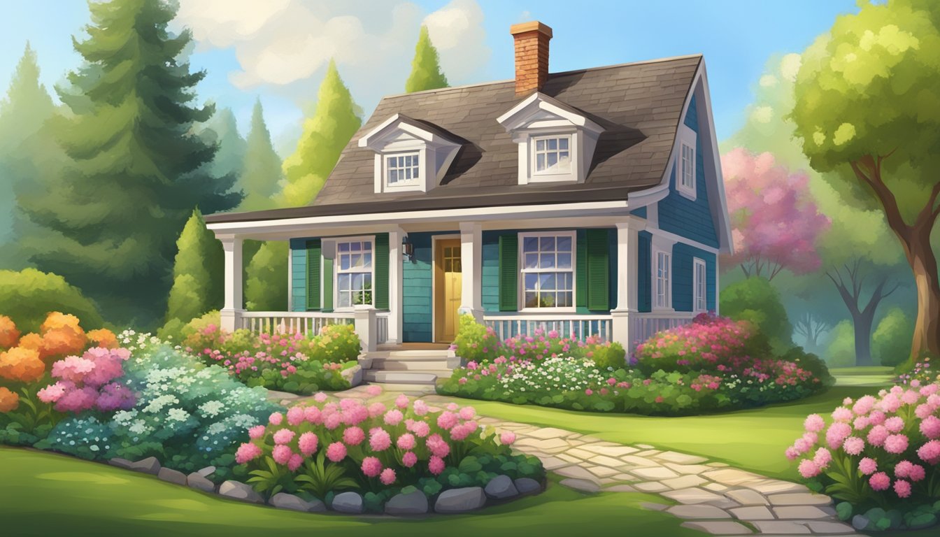 A cozy small house with a sloped roof, a front porch, and a chimney, surrounded by a lush garden with flowers and a winding path