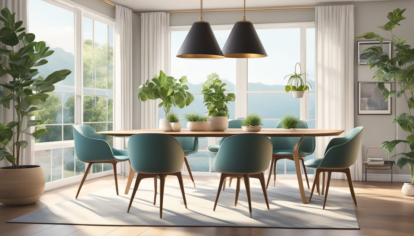 A sleek, modern dining table with matching chairs in a bright, airy room with large windows and potted plants