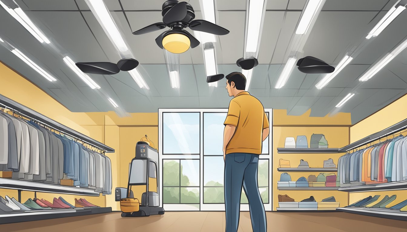 A person standing in a well-lit room, examining ceiling fans with lights on display in a home improvement store