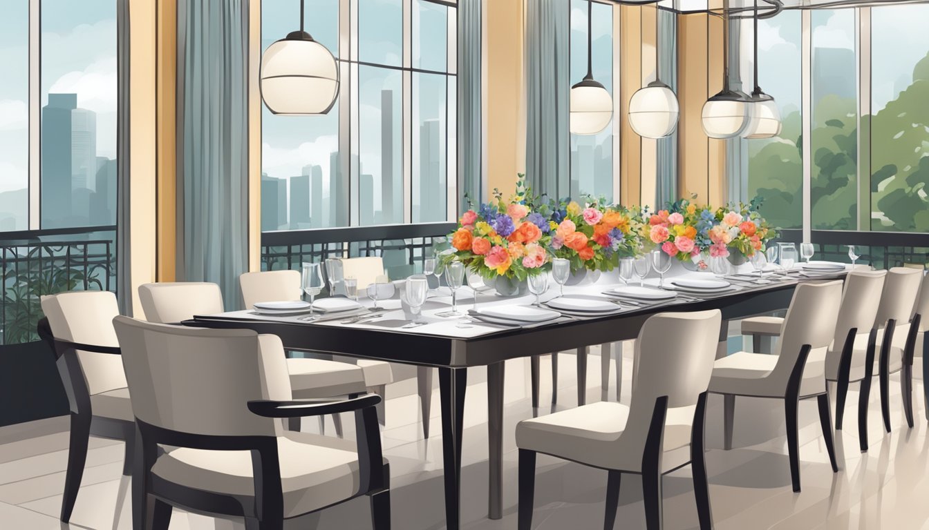 A table set with elegant tableware and vibrant floral centerpieces, surrounded by modern, comfortable dining chairs in a stylish restaurant in Singapore