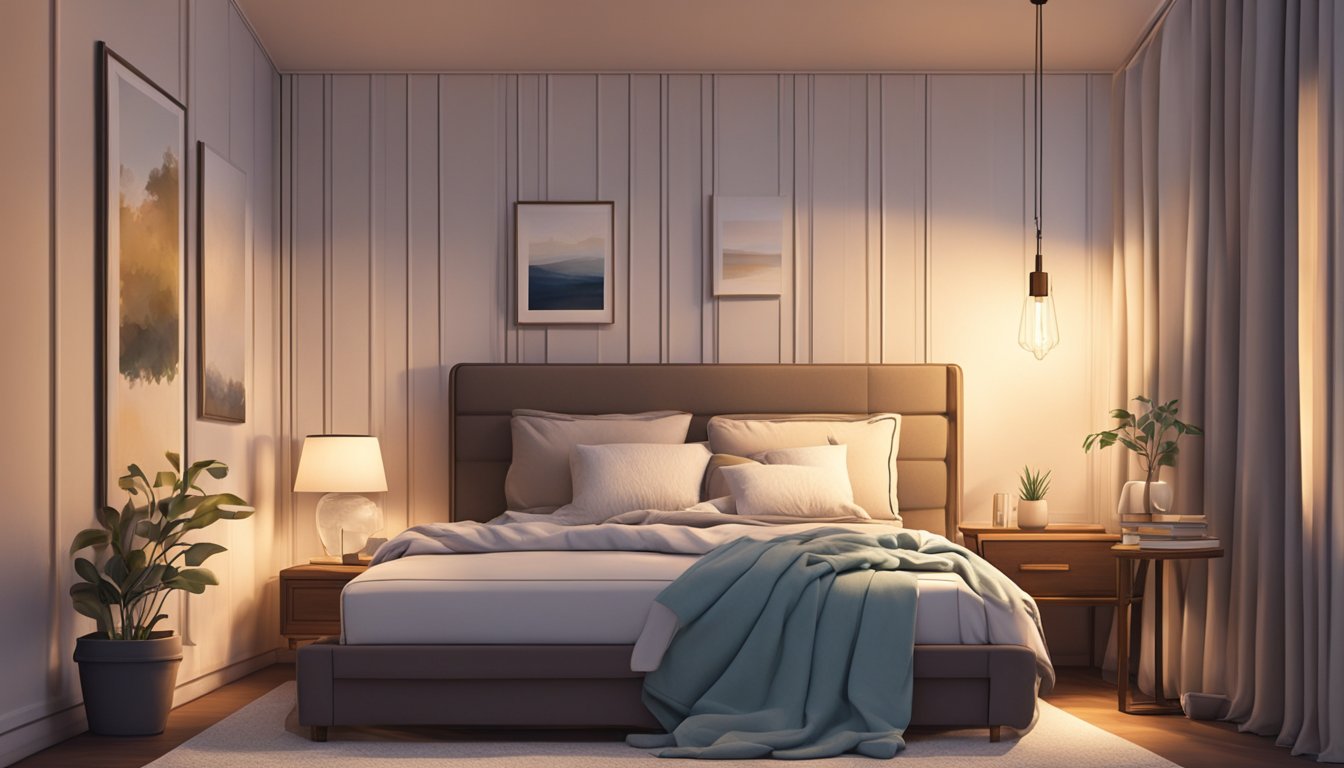 A cozy bedroom with a plush mattress, soft pillows, and warm blankets. A dimly lit bedside lamp creates a peaceful ambiance