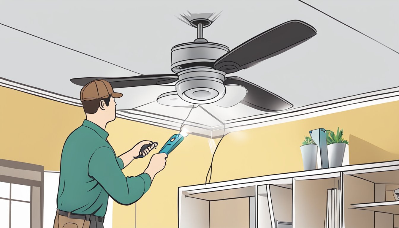 A person installing or maintaining a ceiling fan with lights. They are using tools and following instructions