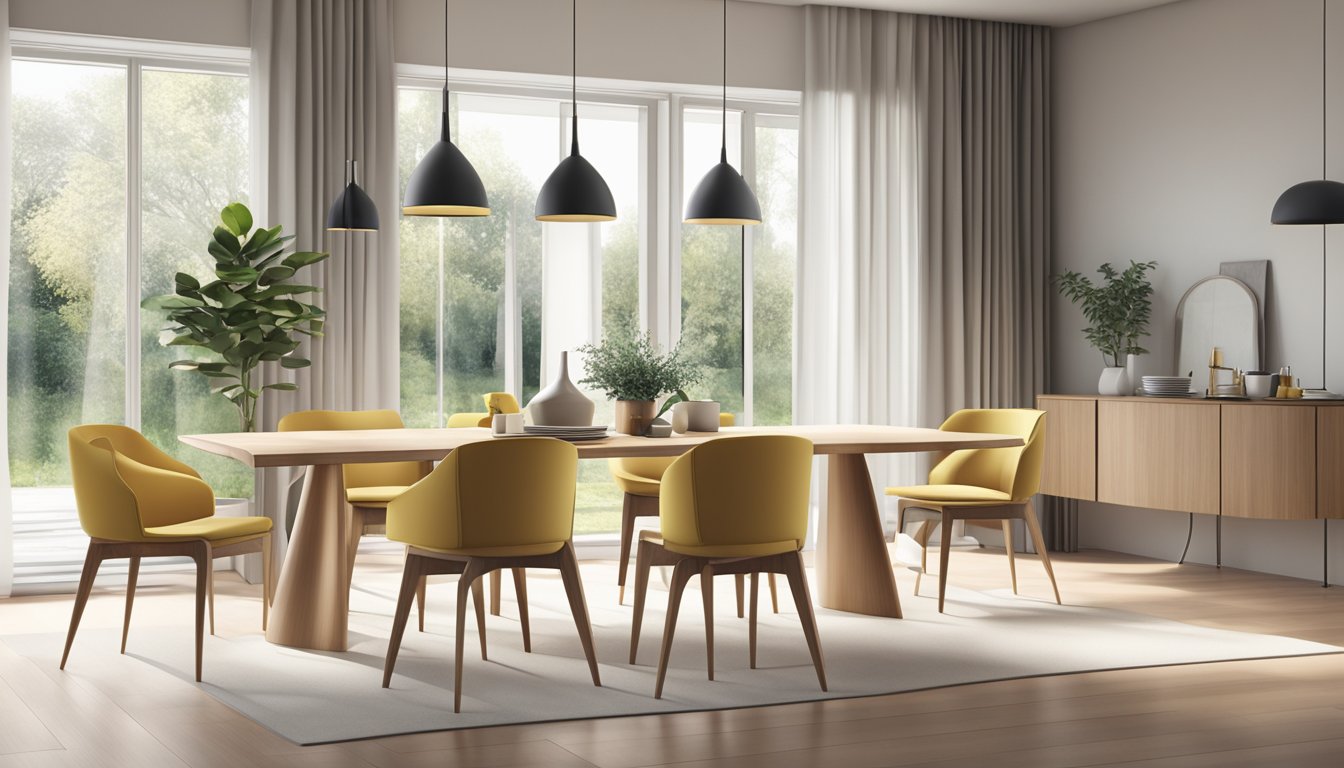 A group of modern dining chairs arranged around a sleek table in a well-lit room, with a minimalist and stylish interior design