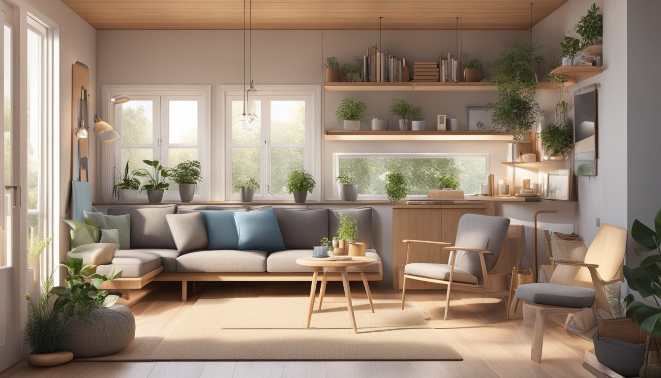 A cozy small house with efficient design, featuring multifunctional furniture and clever storage solutions. Natural light floods the space, creating an inviting and practical living environment