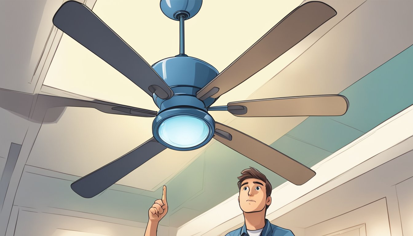 A ceiling fan with lights hangs from a high ceiling, spinning slowly. A person looks up, pointing at the fan with a puzzled expression