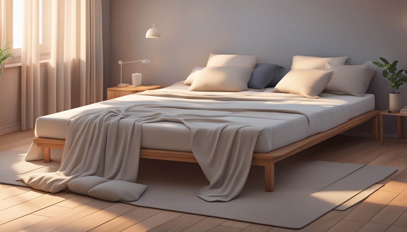 A foldable mattress lays on a wooden floor, surrounded by a cozy blanket and a few scattered pillows. The room is softly lit, with curtains billowing in the breeze