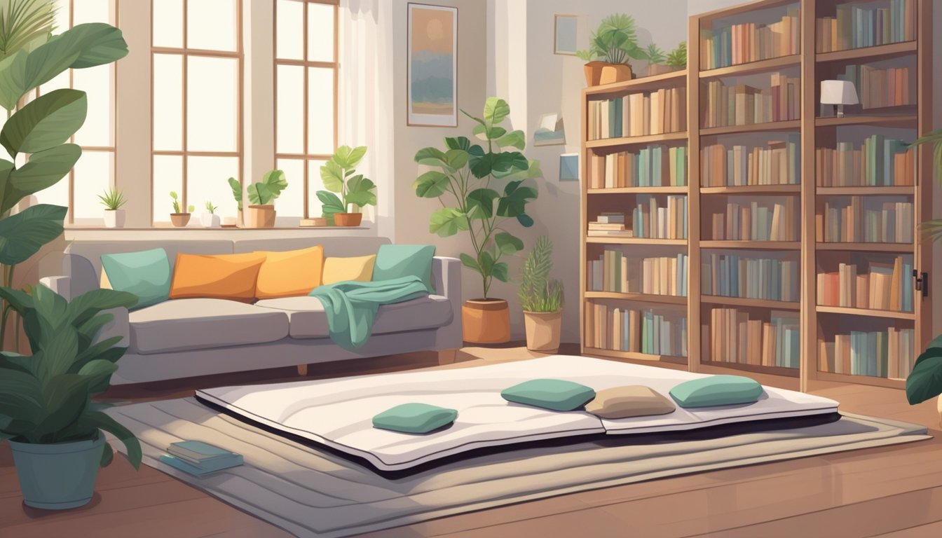 A foldable mattress unfolds in a cozy living room, surrounded by books and plants, inviting relaxation and comfort