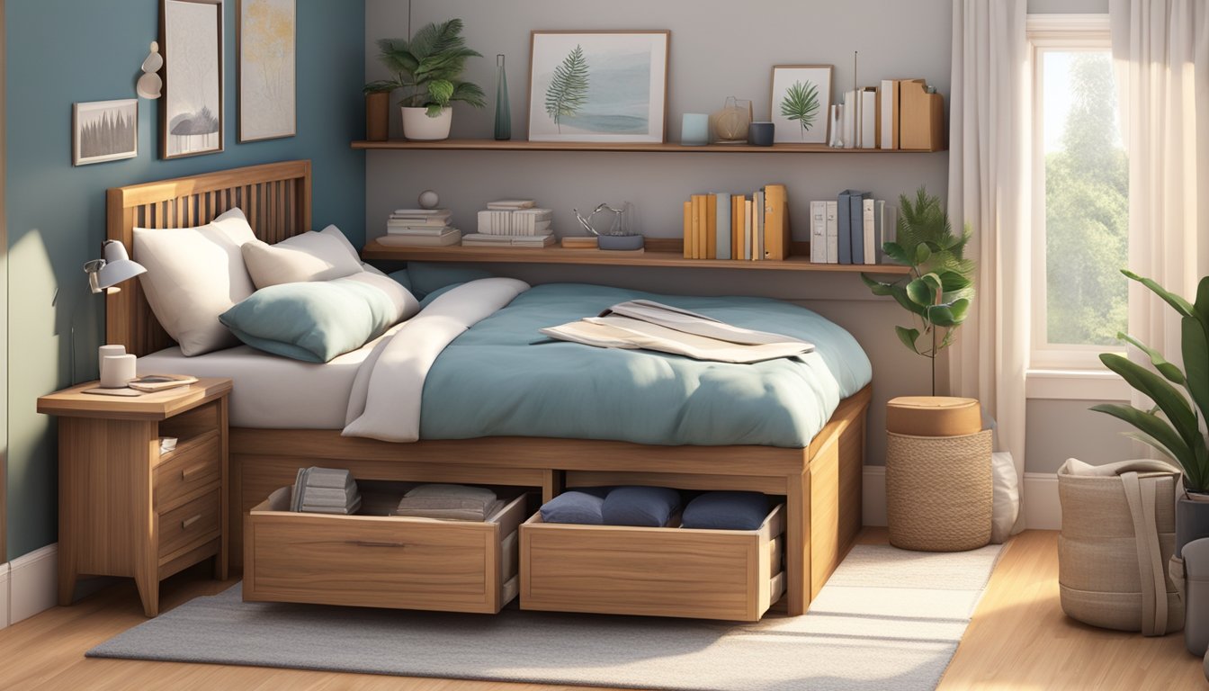 A storage bed with drawers and shelves underneath, holding books, clothes, and other items. The bed is neatly made with a cozy comforter and pillows