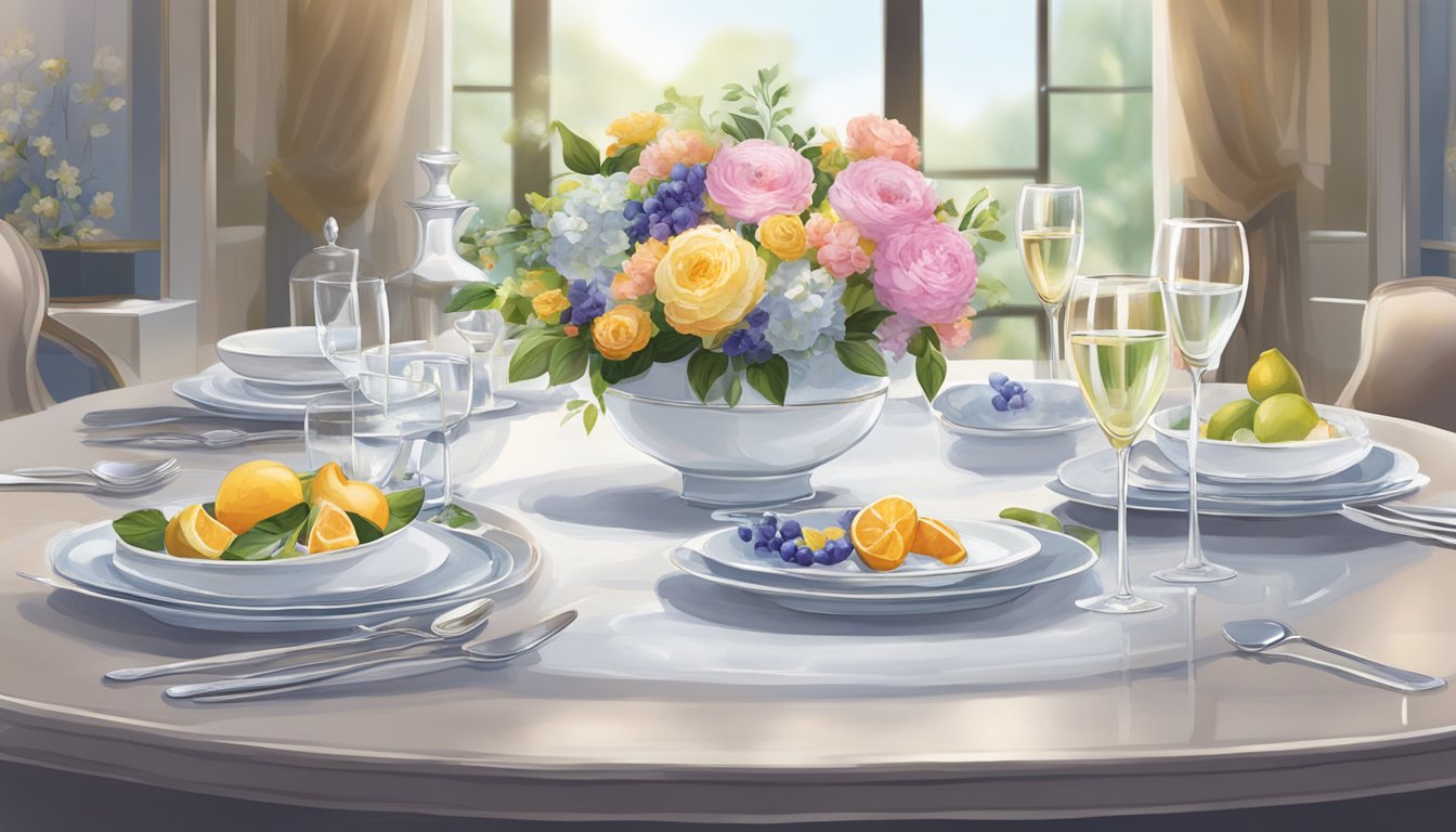 A dining table in Singapore is elegantly set with fine china, sparkling glassware, and a centerpiece of fresh flowers