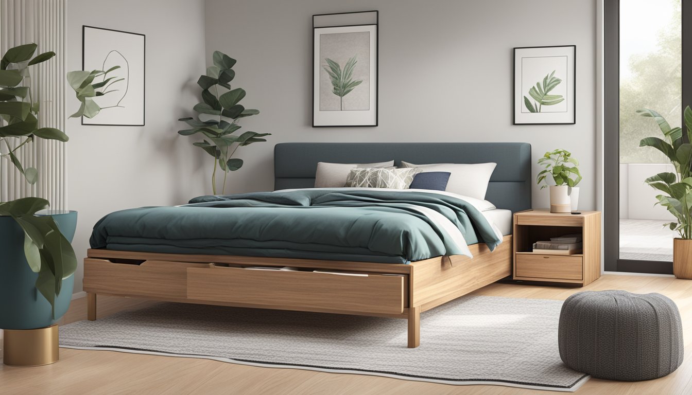 A spacious bedroom with a storage bed neatly organizing blankets, pillows, and clothing. The bed frame is sturdy and stylish, with easy access to the storage compartments