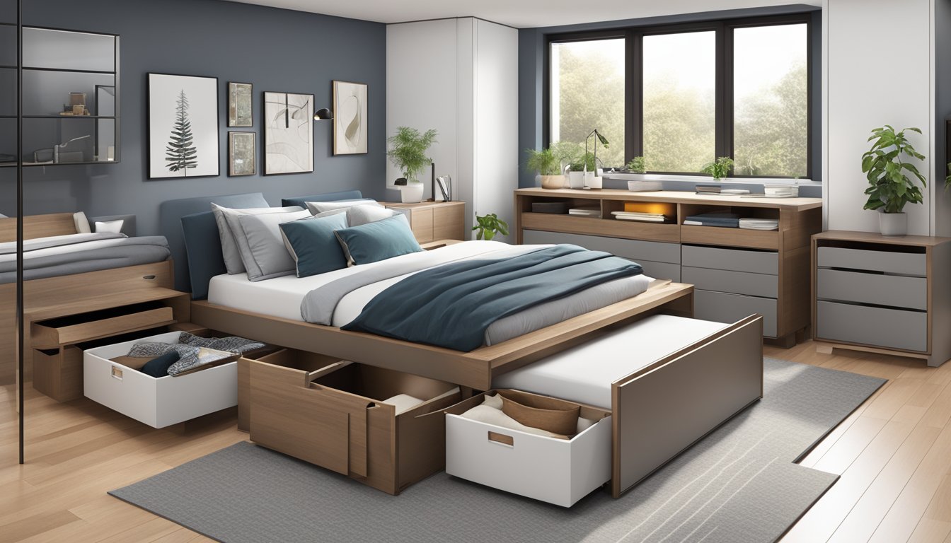 A modern bedroom with a sleek storage bed, neatly organized with labeled compartments for easy access to frequently asked items