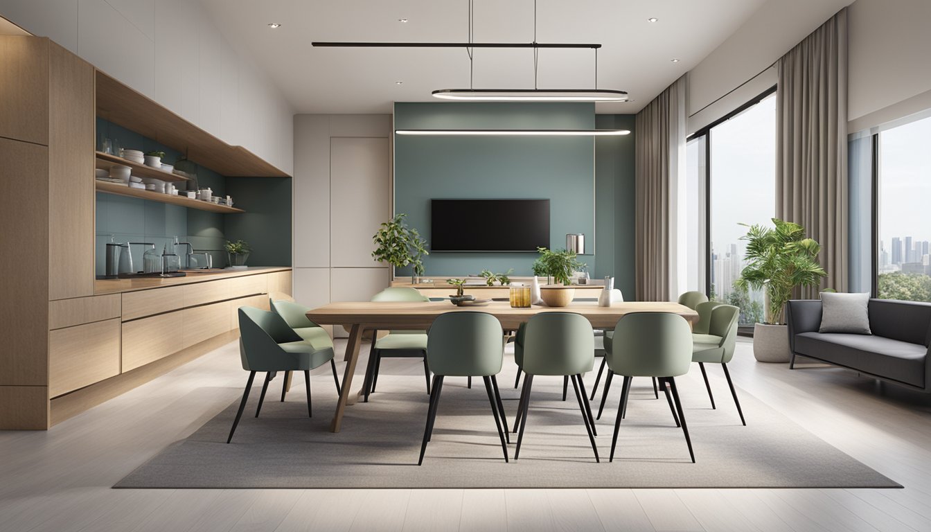 A modern dining table set in a bright, spacious showroom in Singapore. Clean lines, sleek design, and a variety of materials and finishes