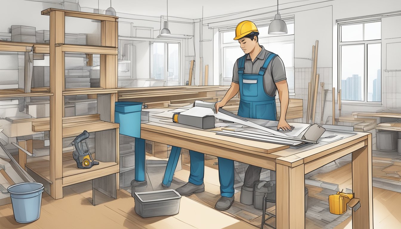 A renovation contractor in Singapore is busy at work, surrounded by tools, materials, and a blueprint. The contractor is focused on measuring and planning the next steps of the renovation project