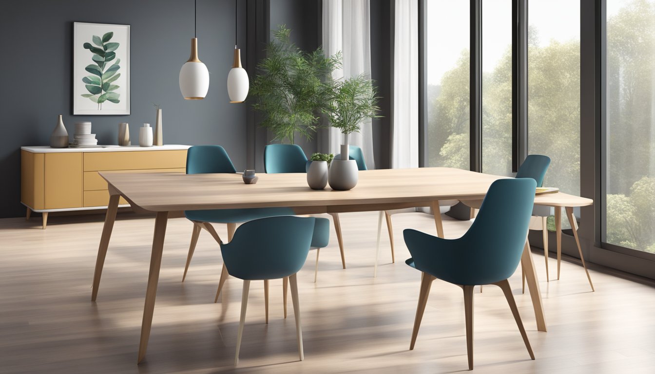 A sleek, modern dining table set in a spacious, well-lit room with minimalist decor and practical, ergonomic chairs