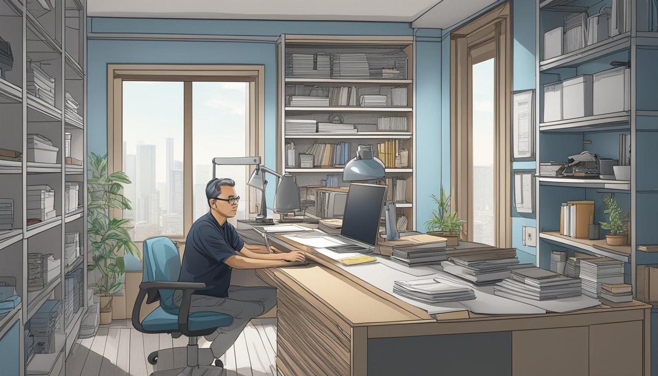 A Singapore renovation contractor sits at a desk, surrounded by blueprints and a computer. Tools and materials are neatly organized on shelves