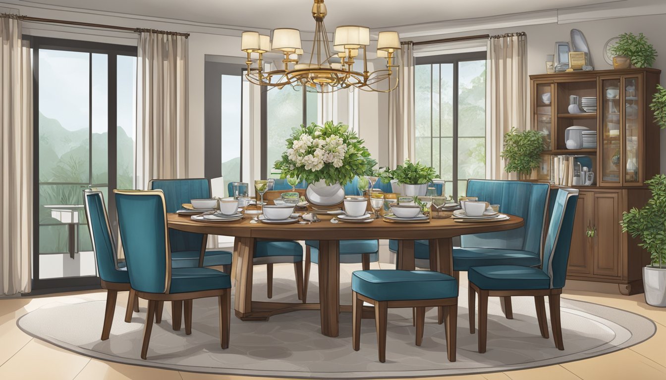 A neatly arranged dining table in Singapore with chairs, utensils, and a centerpiece