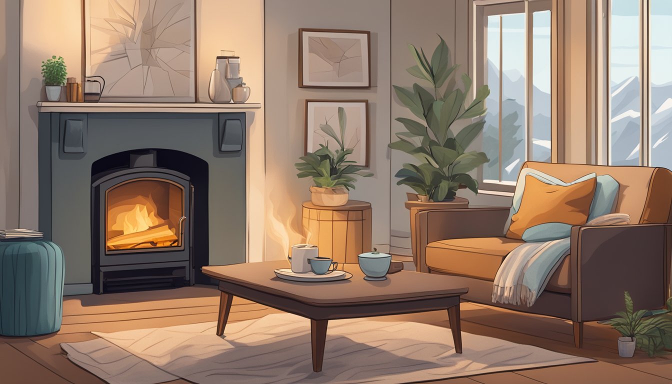 A cozy living room with a recliner sofa positioned next to a warm fireplace, with a soft throw blanket draped over the back and a side table holding a steaming cup of tea