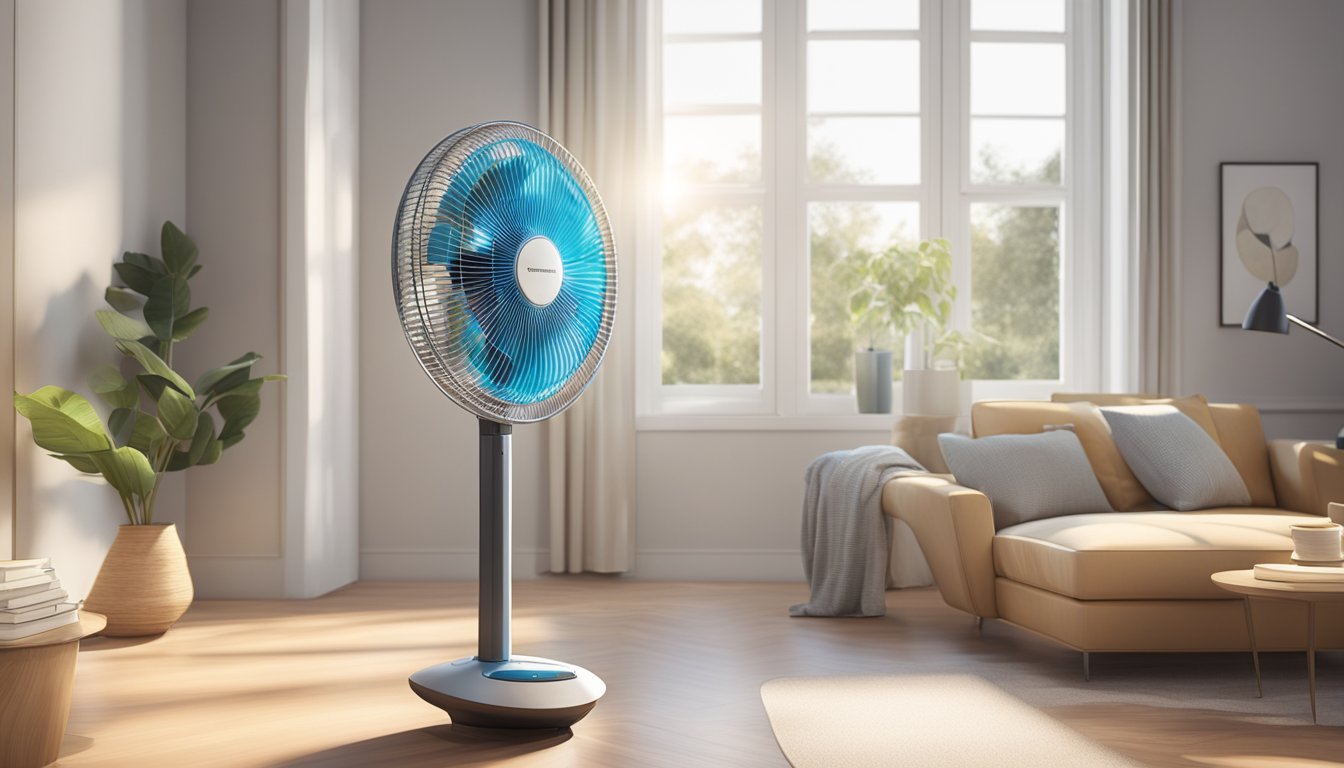 A tower fan stands tall in a sunlit room, its sleek design and oscillating blades creating a sense of cool breeze