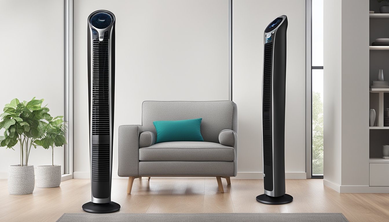 A tower fan stands tall with a sleek, vertical design. Its oscillating motion and adjustable speed settings are highlighted, along with a digital display and remote control