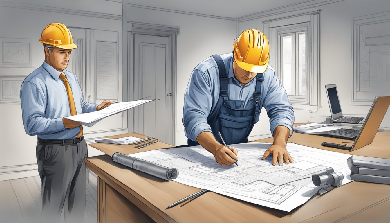 A contractor answering questions with tools and blueprints