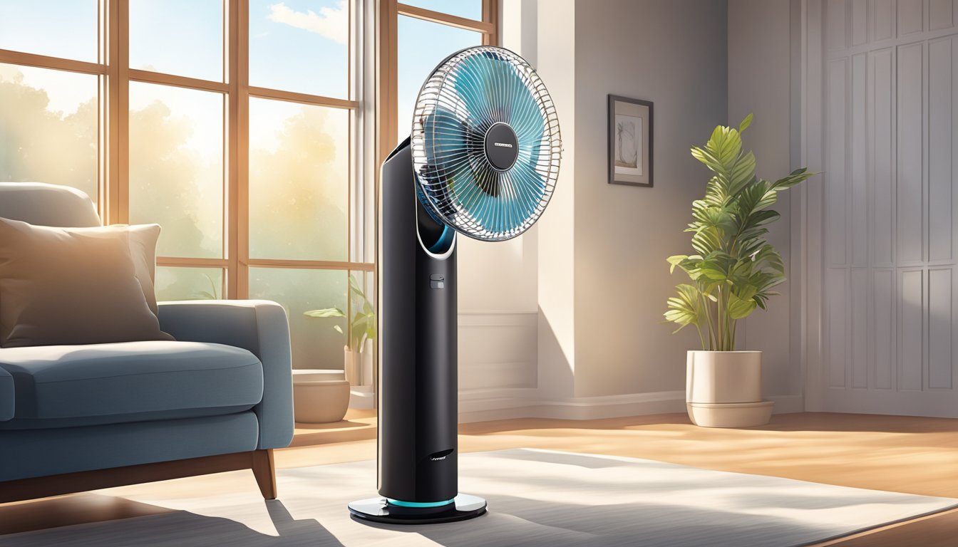 A hand reaches out to adjust the settings on a sleek tower fan, positioned in a modern living room with sunlight streaming in through the window