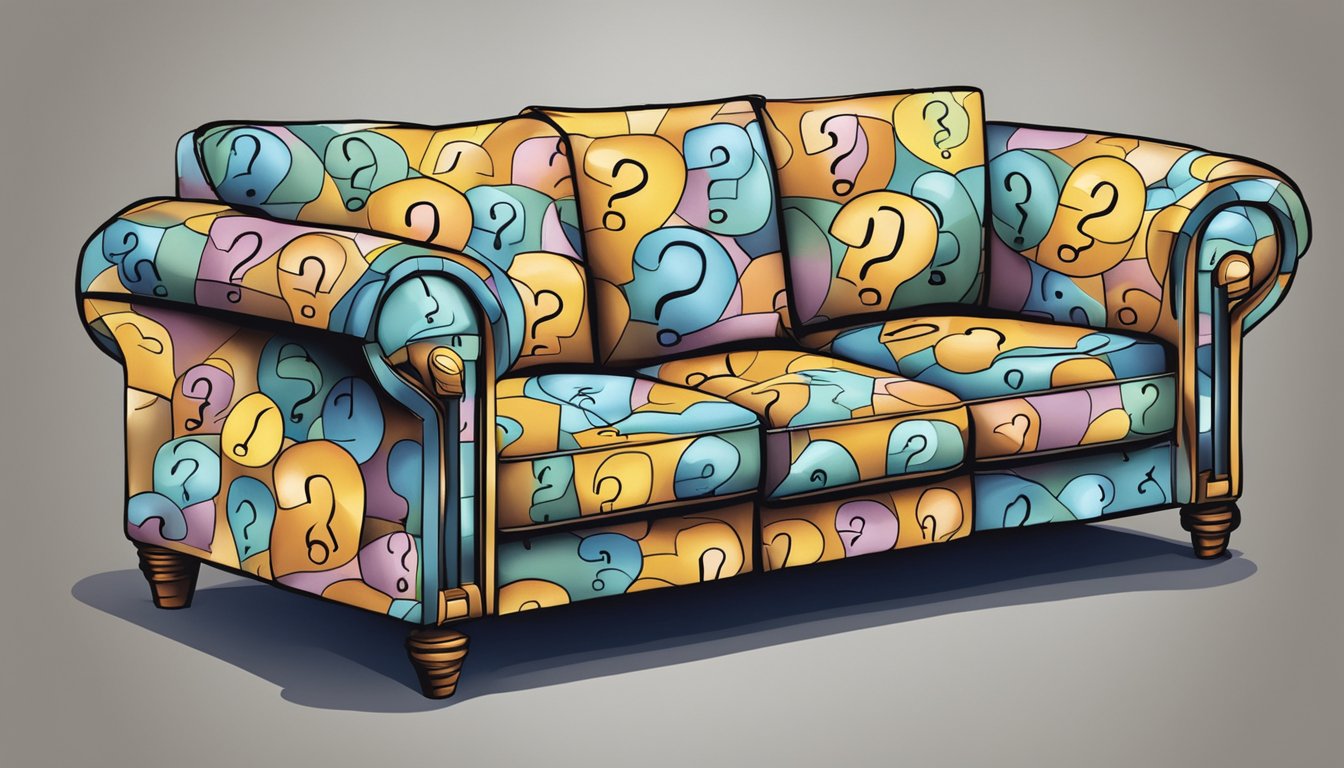 A recliner sofa surrounded by question marks, with a spotlight shining on it